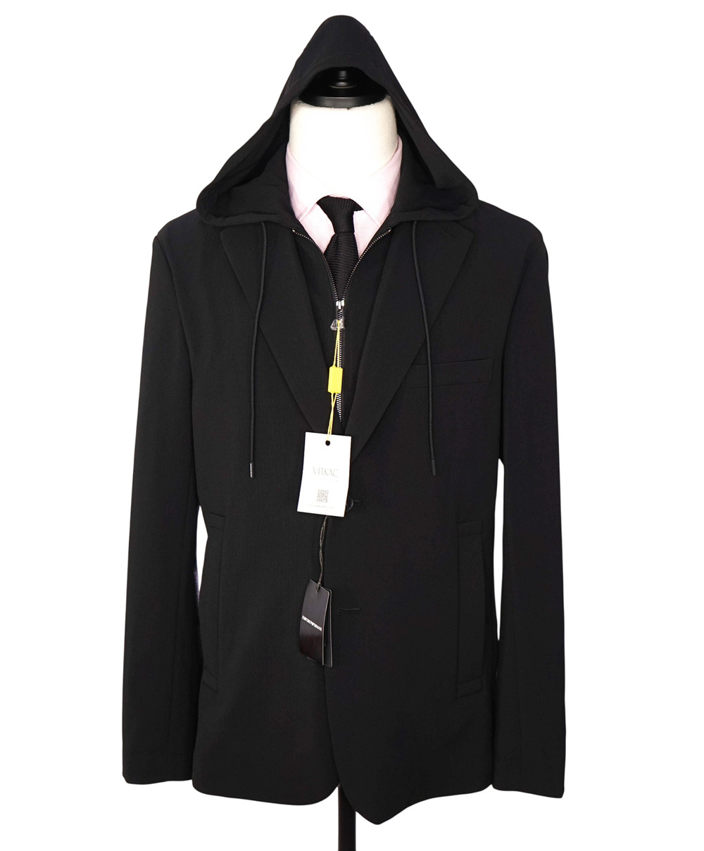 $795 EMPORIO ARMANI - Black Ribbed Poly Hooded Blazer - 42